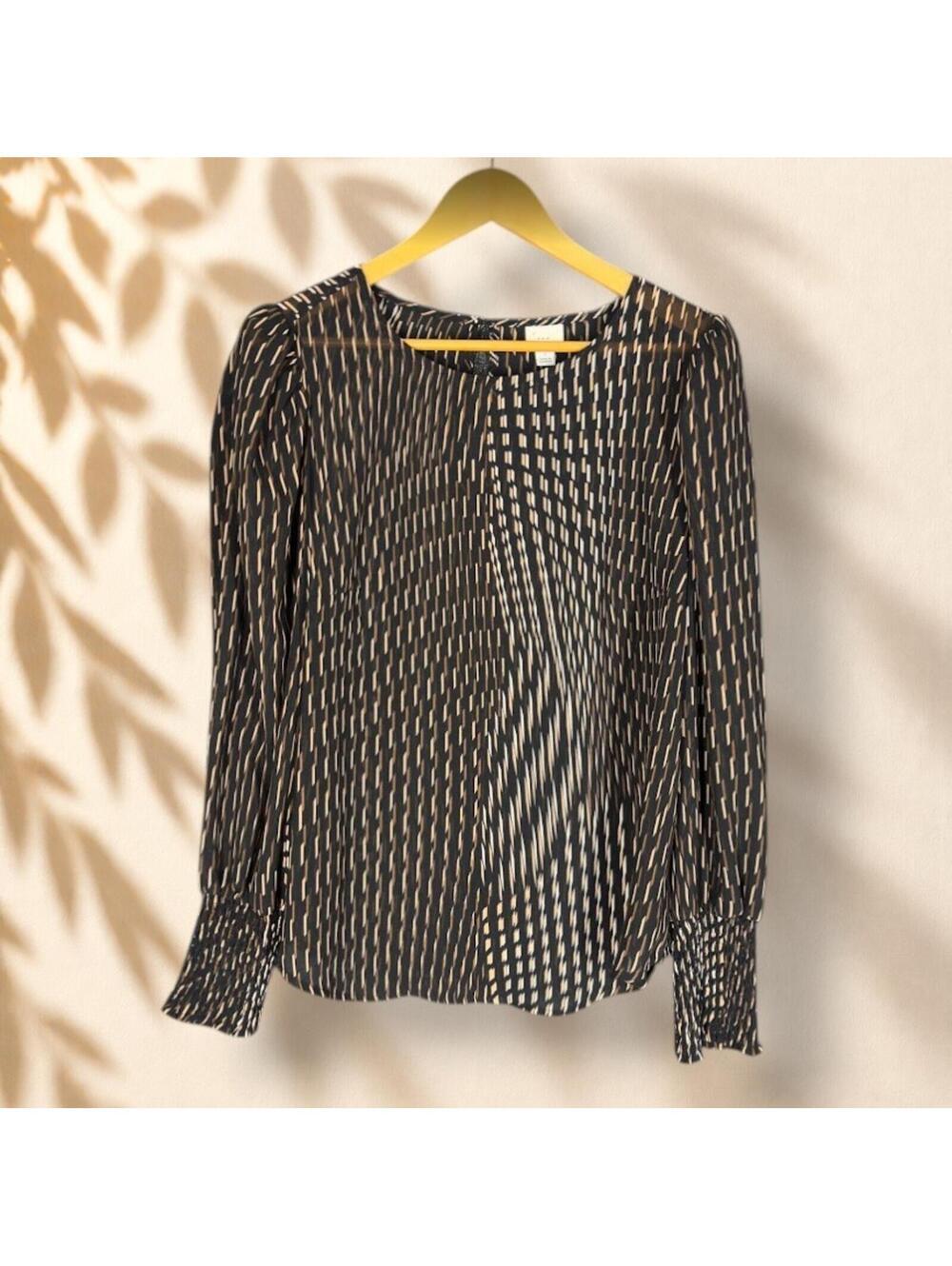 A New Day Blouse Women L Large Black Geometric Long Sleeve Sheer Hook & Eye